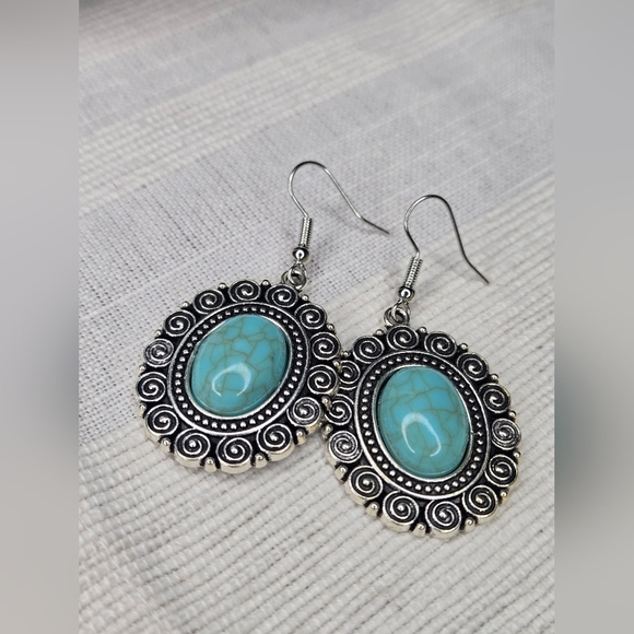 Turquoise and Silver Swirl Earrings - Picture 2 of 5